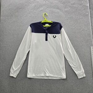 True Religion Men Shirt L/G White Colorblock Henley Logo Long Sleeve
